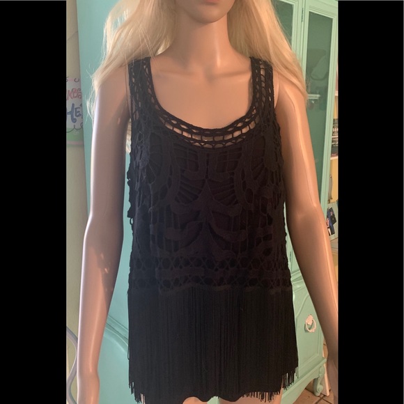INC Black Fringe Crochet Top - Picture 1 of 7